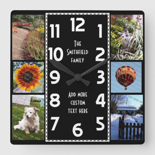 独自のDeco 6フォトコラージュ黒白を作成 スクエア壁時計 (正面)