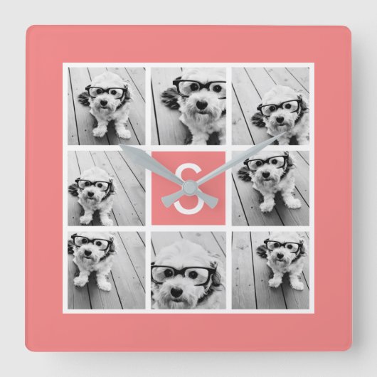 独自のInstagramコラージュのモノグラムをカスタム作成 スクエア壁時計 (正面)