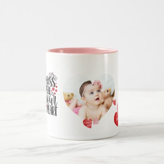 独自のMomベビーハートフォト文字 モダン ツートーンマグカップ (中央)