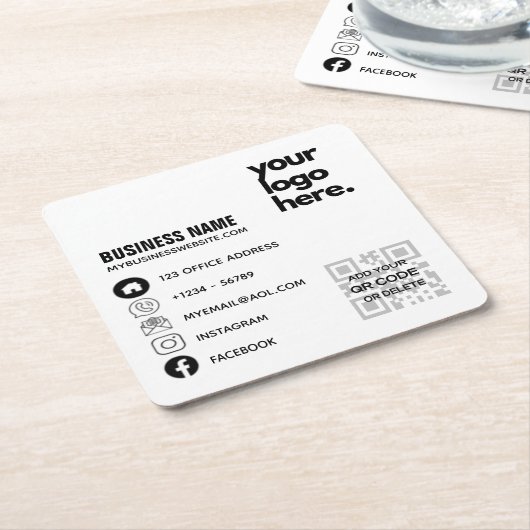 独自のQRコードビジネスロゴソーシャルメディアIDの作成 スクエアペーパーコースター (アングル)