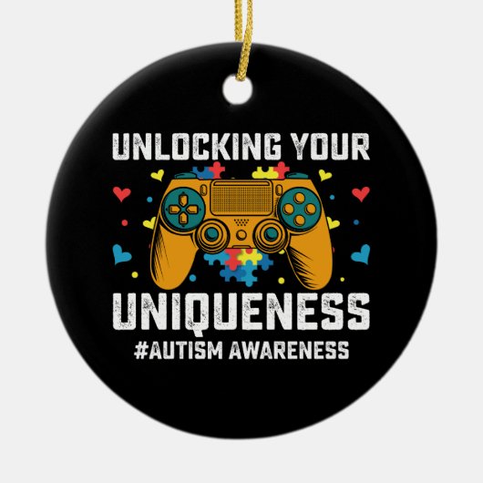独自性を解き放つ自閉症ゲーマー セラミックオーナメント (正面)