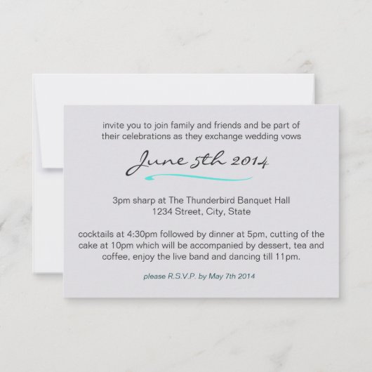 独身のターコイズバラが黒にフェード結婚する 招待状 (裏面)