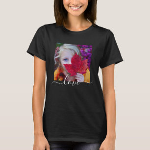 独身の写真テンプレートラブ文字ブラック Tシャツ