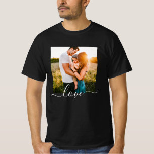 独身の写真テンプレートラブ文字ブラック Tシャツ