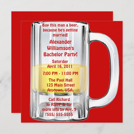 独身パーティーのビールマグカップ 招待状 (正面/裏面)