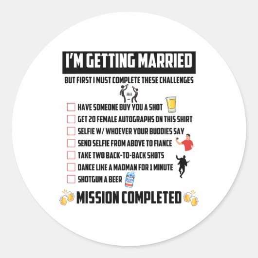 独身パーティーの課題 - 面白い新郎への挑戦 ラウンドシール (正面)