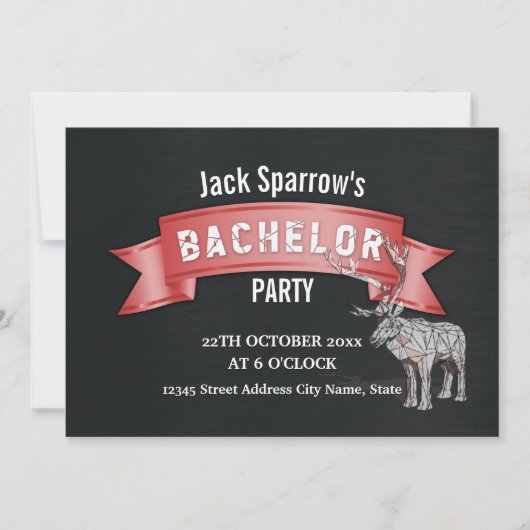 独身パーティー 赤いリボン ブラック メタル テクスチャ 招待状 (正面)