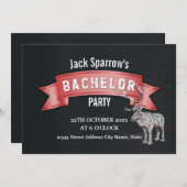 独身パーティー 赤いリボン ブラック メタル テクスチャ 招待状 (正面/裏面)