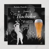 独身パーティー 黒 ゴールド 白 ビール ガラス 女の子 招待状 (正面/裏面)