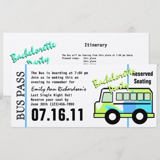 独身最後の夜のバスパス 招待状 (正面/裏面)