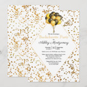 独身最後の夜のバルーン ゴールド コンフェッティ ストリーマー 招待状 (正面/裏面)