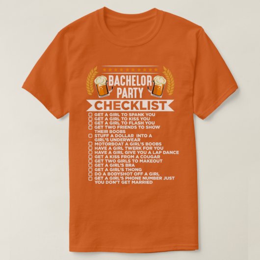 独身最後の夜パーティ チェックリスト 結婚 花婿 仲間 Tシャツ (デザイン正面)