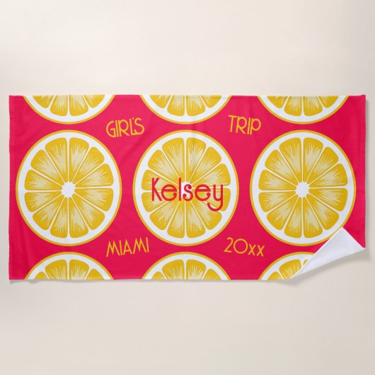 独身最後の夜 レモン スライス ピンク 黄色 ビーチ タオル (正面)