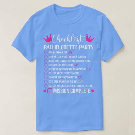 独身最後の女友達パーティーのチェックリスト　ゲーム　花嫁　20 Tシャツ (デザイン正面)
