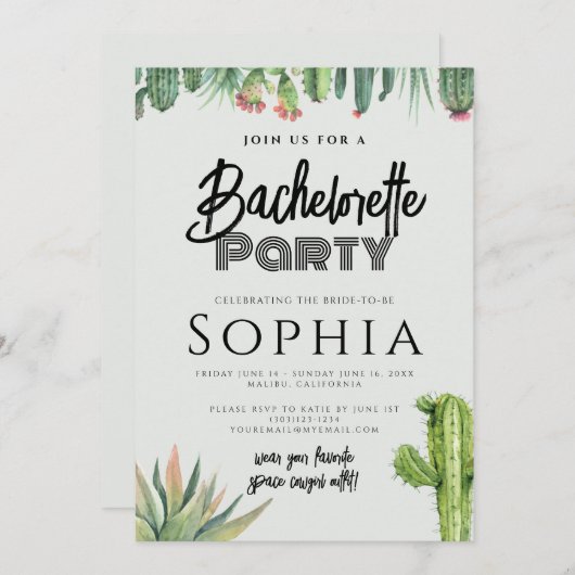 独身最後の女友達パーティー サボテン 水彩 サギの庭 招待状 (正面/裏面)