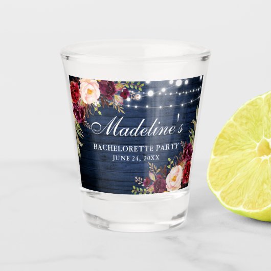 独身最後の女友達パーティー バーガンディー 花柄 青い木 ショットグラス (正面)
