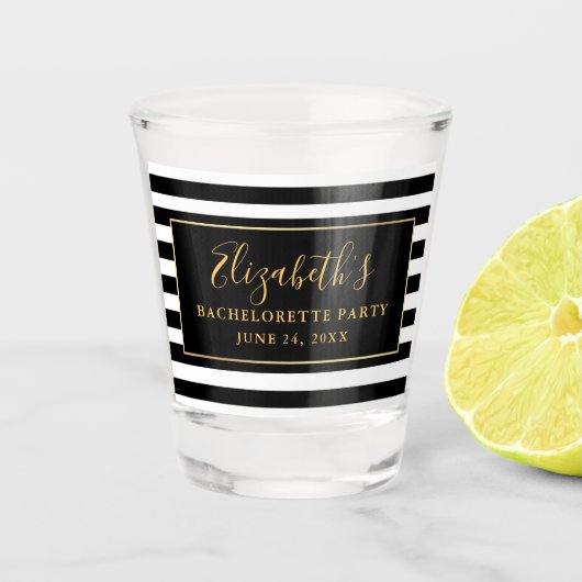 独身最後の女友達パーティー ブラック＆ホワイト ストライプ ゴールド ショットグラス (正面)