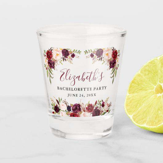 独身最後の女友達パーティー ワインレッド 水彩 フラワー ショットグラス (正面)