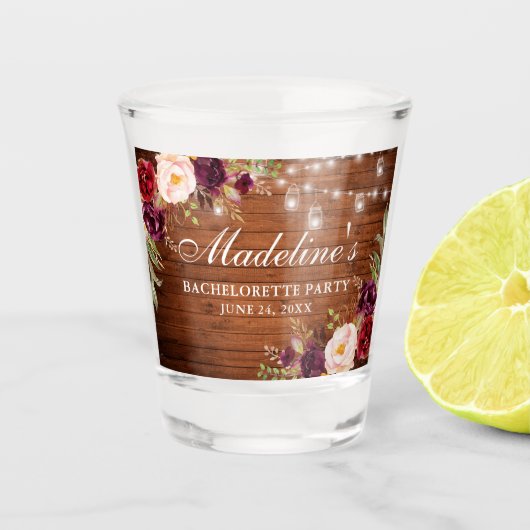独身最後の女友達パーティー ワインレッド 花柄 木製 ライト ショットグラス (正面)