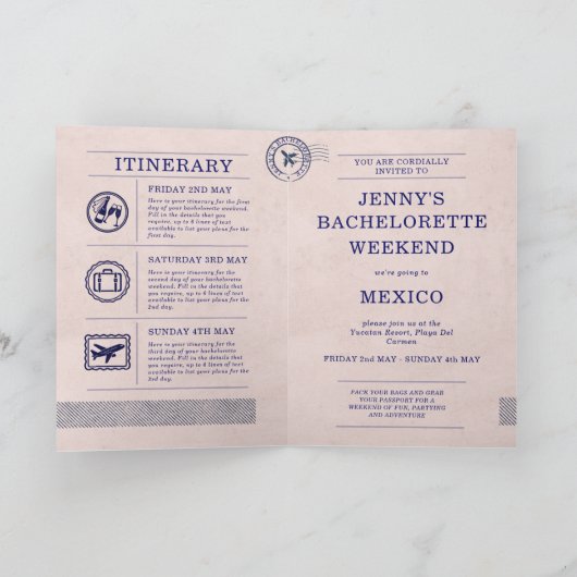 独身最後の女友達旅行 ピンクのパスポート旅程表 招待状 (内部)