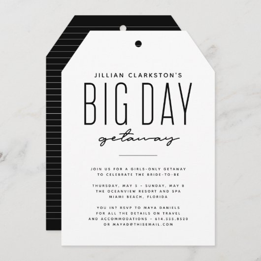 独身最後の旅のブラック＆ホワイト招待状 招待状 (正面/裏面)