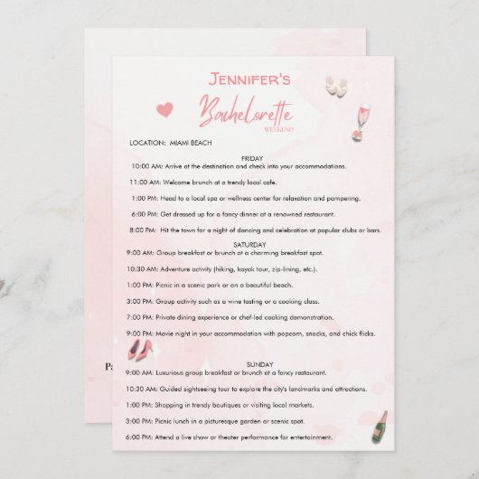 独身最後の週末　編集可能な行程表 招待状 (正面/裏面)