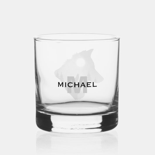 狼が月のシルエットでハウリングパーソナライズされた ウイスキーグラス (裏面)