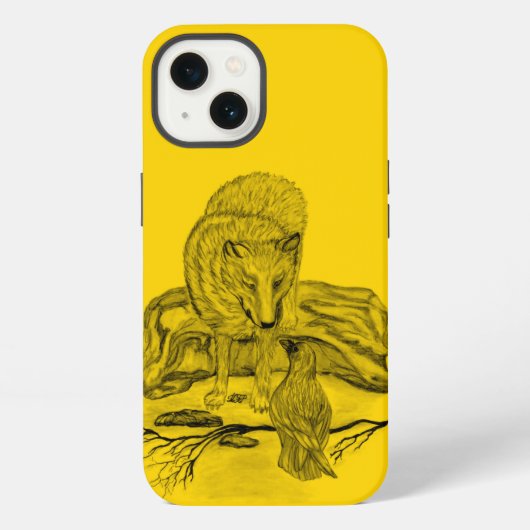 狼とワタリガラス 黒と黄色のデザイン iPhoneケース (裏面)