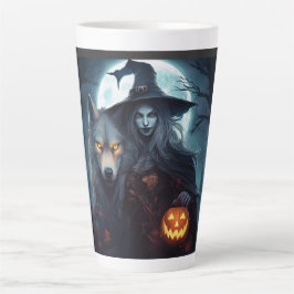 狼と月のあるハロウィーンのカボチャのちょうちんを魔女にする カフェラテマグ