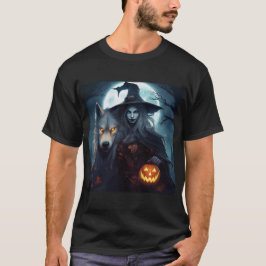 狼と月のあるハロウィーンのカボチャのちょうちんを魔女にする Tシャツ