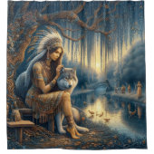 狼と穏やかな川の瞬間 シャワーカーテン (正面)