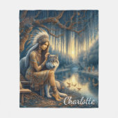 狼と穏やかな川の瞬間 フリースブランケット (正面)