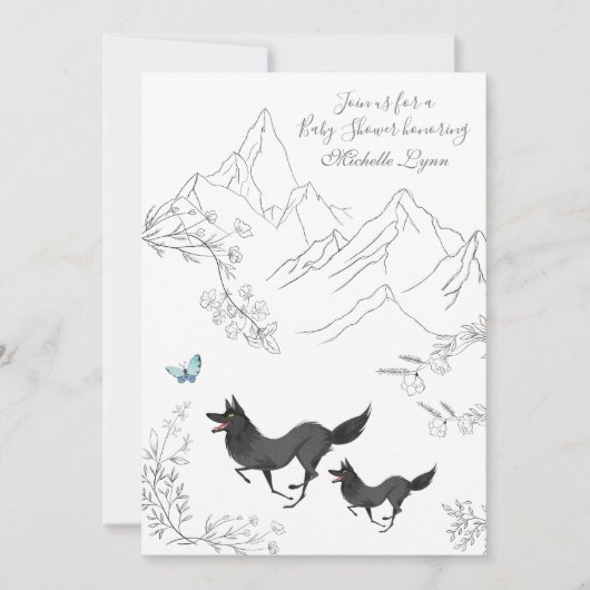 狼と蝶の山の森の赤ちゃんシャワー 招待状 (正面)