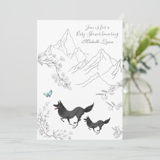狼と蝶の山の森の赤ちゃんシャワー 招待状 (スタンド正面)