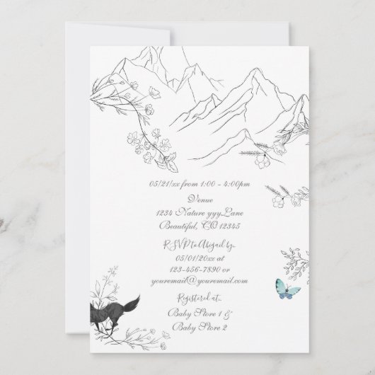 狼と蝶の山の森の赤ちゃんシャワー 招待状 (裏面)