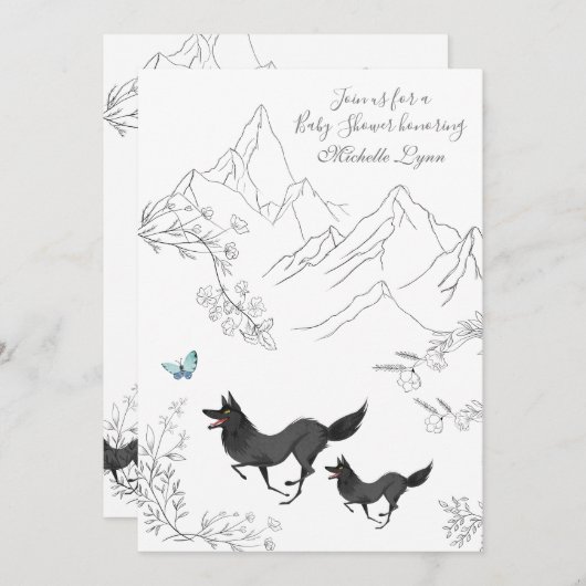 狼と蝶の山の森の赤ちゃんシャワー 招待状 (正面/裏面)