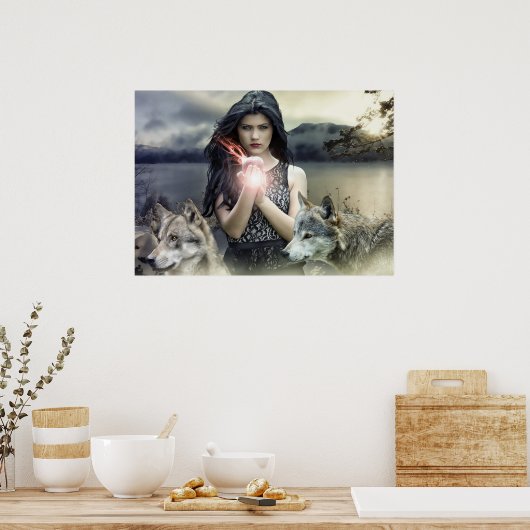 狼と魔法の光を持つ神秘的なゴシック様式の少女 ポスター (キッチン)