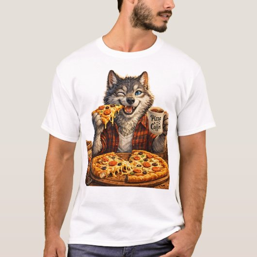 狼のピザコーヒー おもしろ ビンテージ風 カートゥーン Tシャツ (正面)