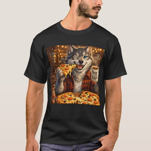 狼のピザコーヒー おもしろ ビンテージ風 カートゥーン Tシャツ (正面)