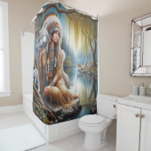 狼の仲間と川のそばで穏やかな瞬間 シャワーカーテン (インサイチュ)