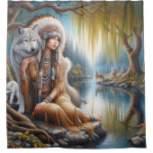 狼の仲間と川のそばで穏やかな瞬間 シャワーカーテン (正面)