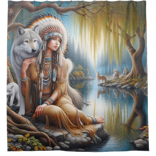 狼の仲間と川のそばで穏やかな瞬間 シャワーカーテン (正面)