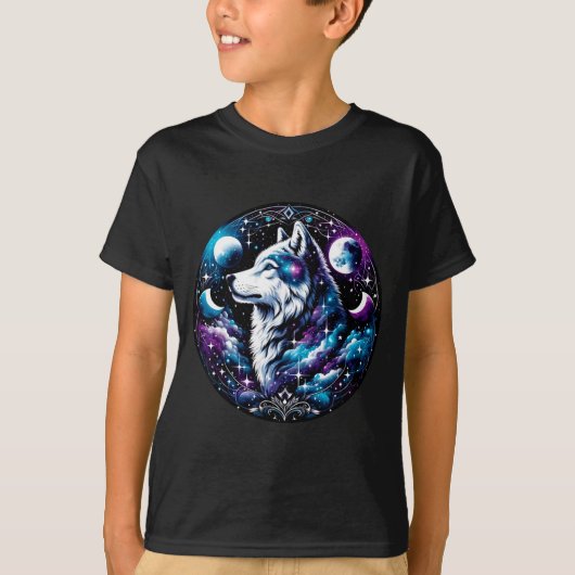 狼の天夢 夜に吠える月 面白いウルフ Tシャツ (正面)