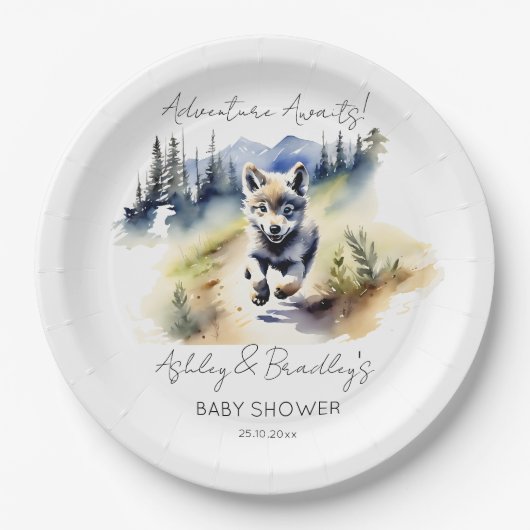 狼をテーマにした冒険は、赤ちゃんシャワー食器を待っている ペーパープレート (正面)