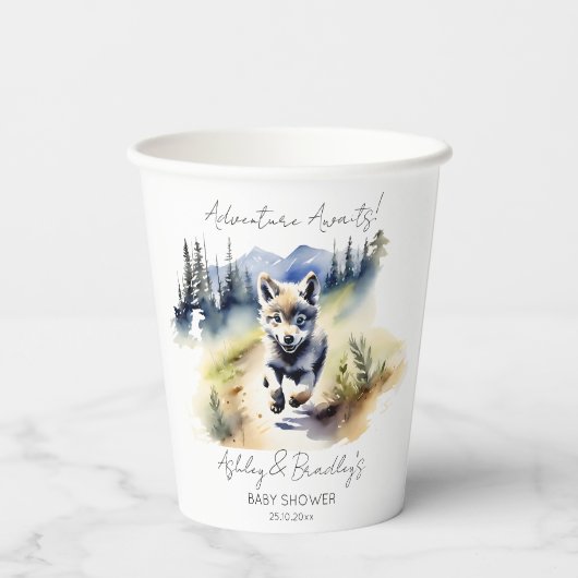 狼をテーマにした冒険は、赤ちゃんシャワー食器を待っている 紙コップ (裏面)