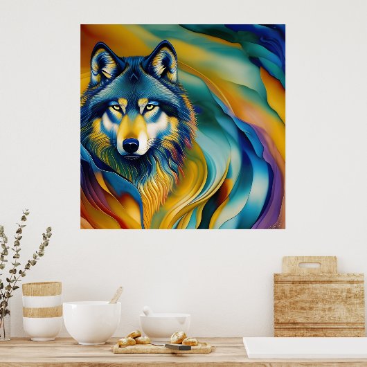 狼カラフルと山の波 ポスター (キッチン)