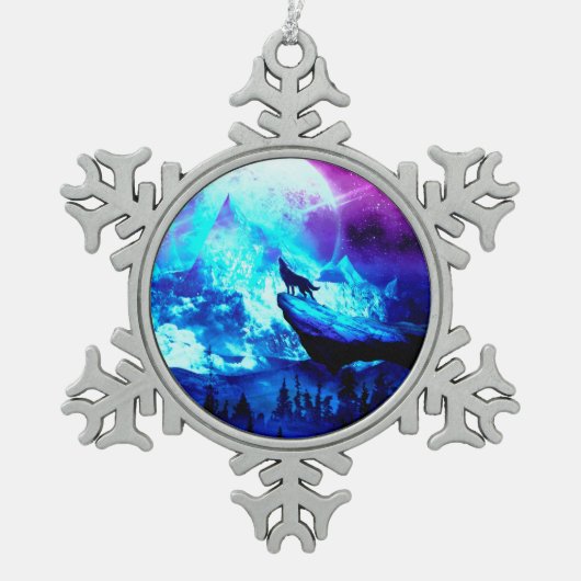 狼カラフルの吠え声 スノーフレークピューターオーナメント (正面)