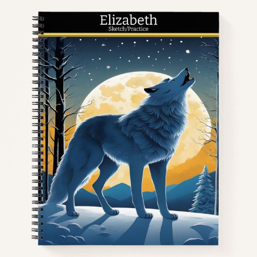 狼威厳のあるが月光の下で吠え白熱［赤熱］光を放つる ノートブック (正面)