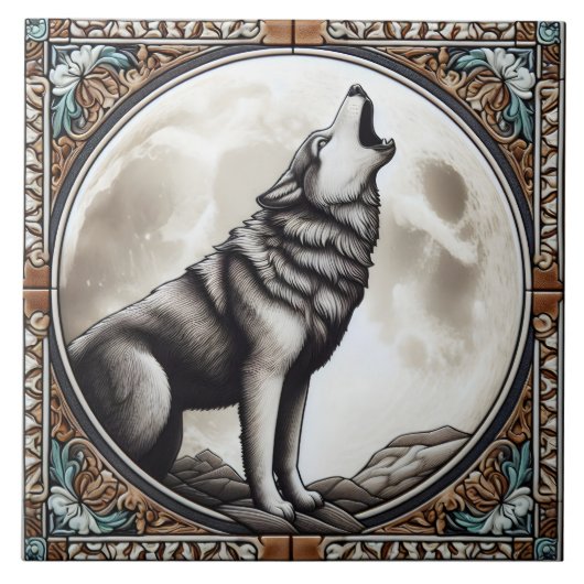 狼威厳のあるが満月に白熱［赤熱］光を放つ吠える タイル (正面)