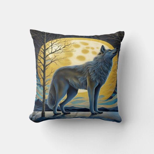 狼威厳のあるが満月の下で夜に吠える クッション (正面)